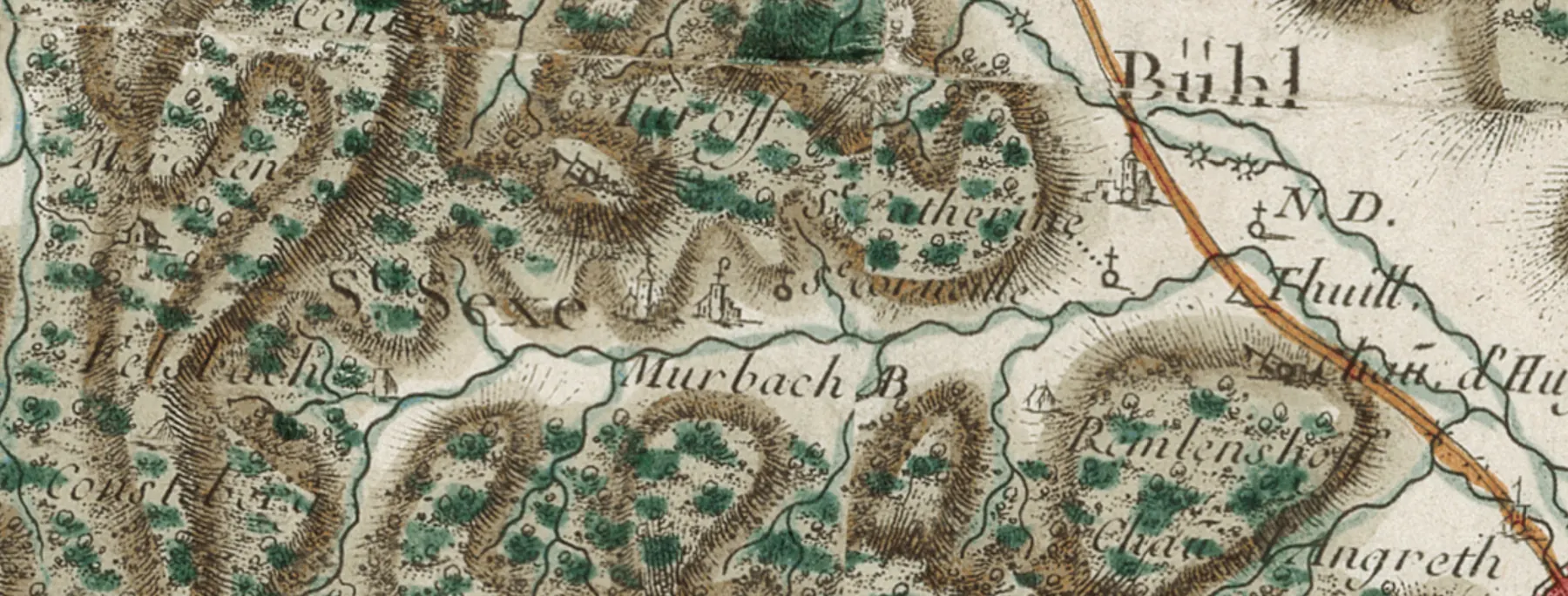 Carte de Cassini, seconde moitié du XVIIIe siècle, détail : « Murbach B. », les deux églises de « St. Sexe » et, à l'est, les chapelles « Ste Catherine » et « S. Corneille ».