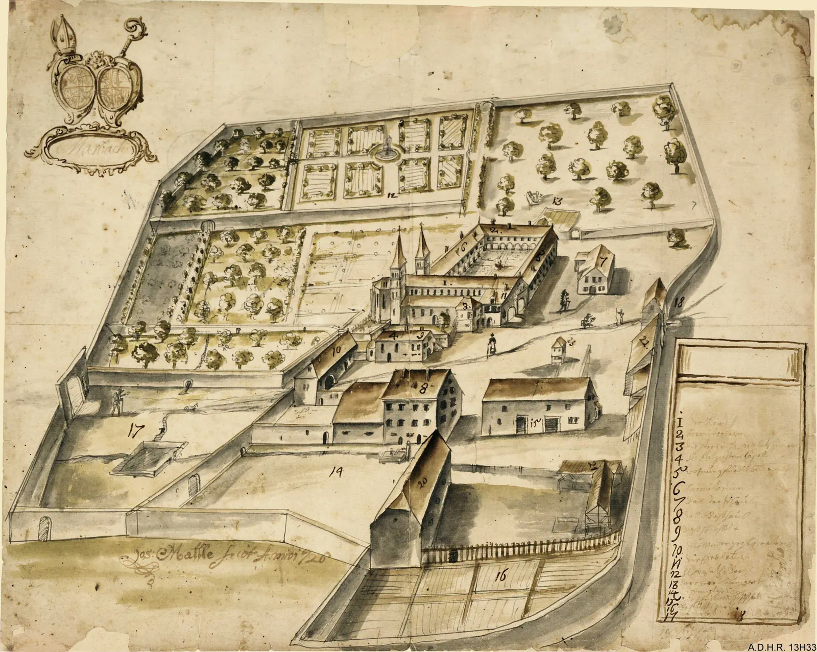 Jos. Mathle, vue cavalière de l'abbaye de Murbach, dessin aquarellé signé et daté 1726 : le dernier portrait complet de l'abbaye avant 1738, nef intacte.