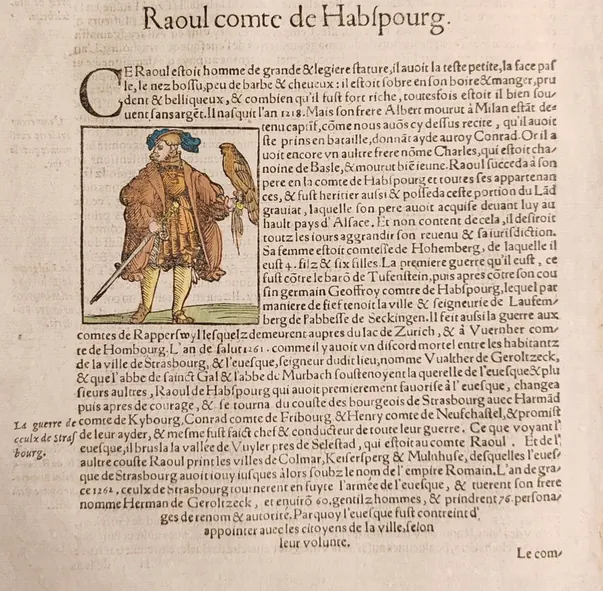 « Raoul comte de Habspourg », futur roi Rodolphe Ier, acquéreur de Lucerne en 1291 : portrait gravé et notice de Münster, La Cosmographie universelle, 1552, livre III.